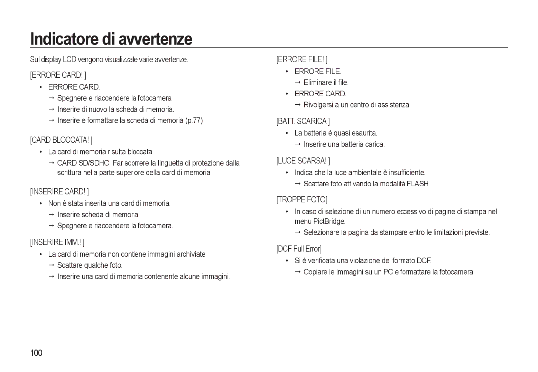 Samsung EC-L310WNBC/IT, EC-L310WBBA/IT, EC-L310WSBA/IT manual Indicatore di avvertenze, DCF Full Error, 100, Errore Card 