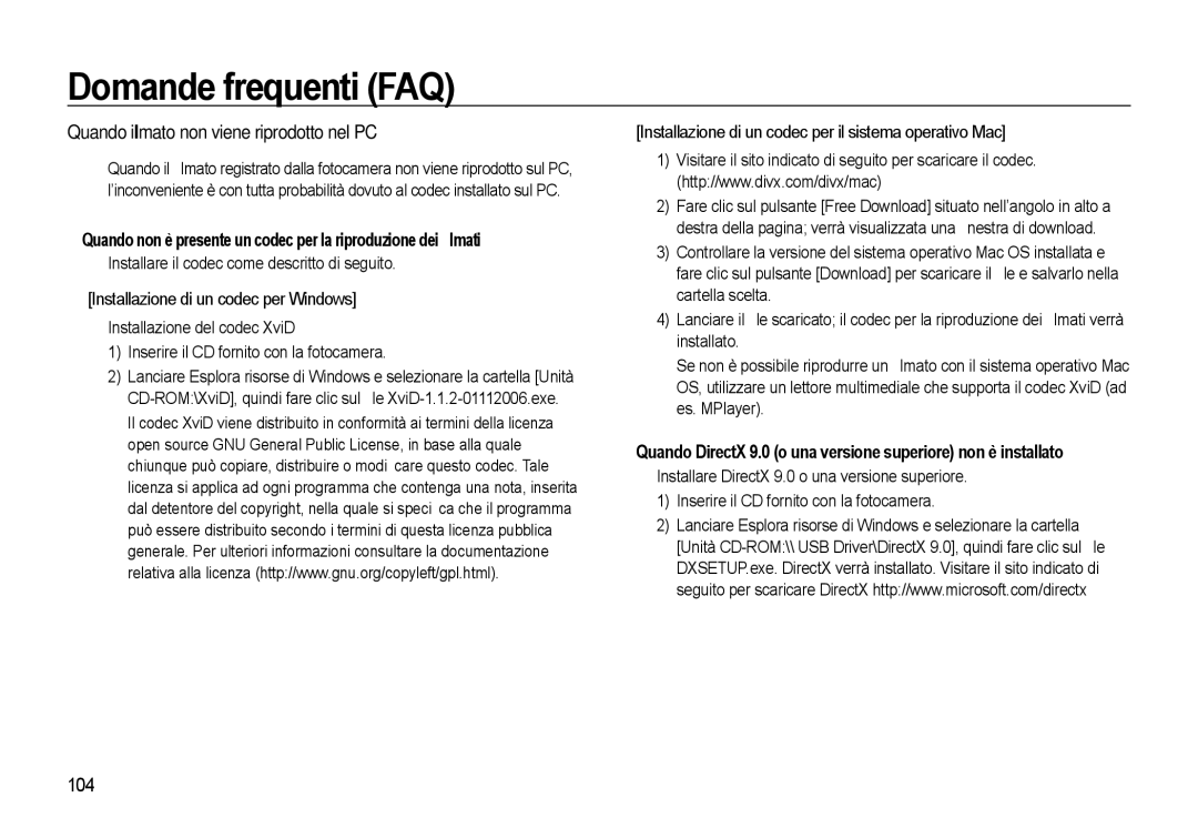 Samsung EC-L310WBBB/IT Quando il ﬁlmato non viene riprodotto nel PC, 104, Installare il codec come descritto di seguito 