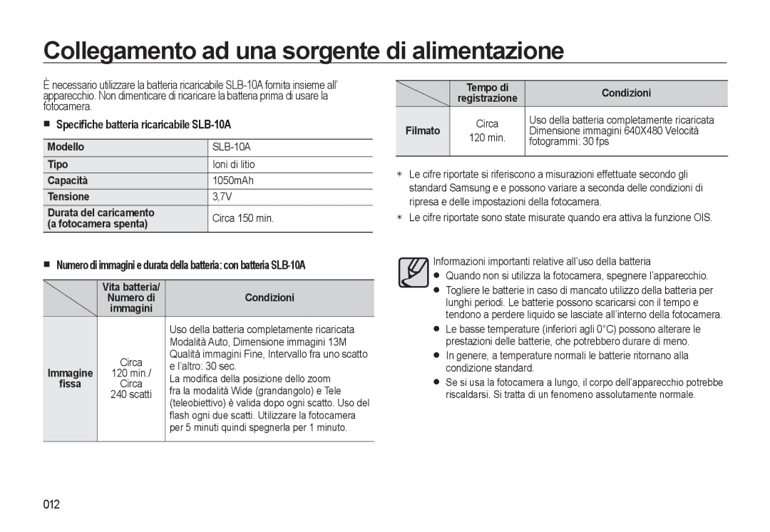 Samsung EC-L310WSBA/IT manual Collegamento ad una sorgente di alimentazione, Speciﬁche batteria ricaricabile SLB-10A, 012 