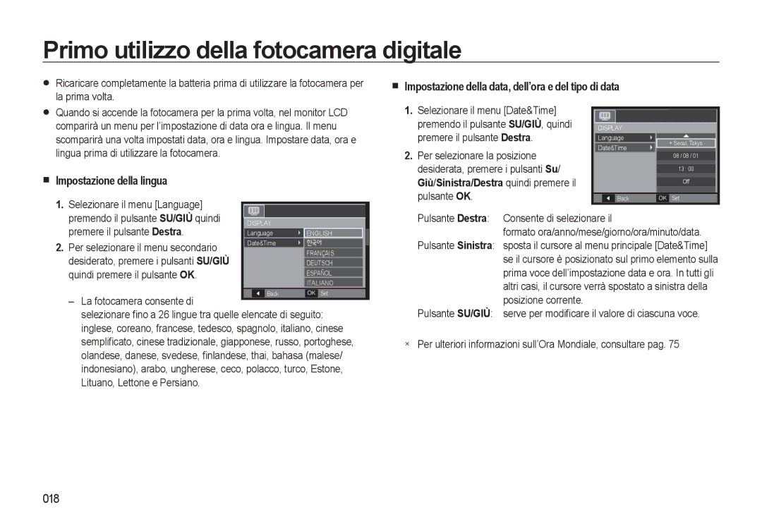 Samsung EC-L310WSBC/IT Primo utilizzo della fotocamera digitale, Impostazione della data, dell’ora e del tipo di data, 018 