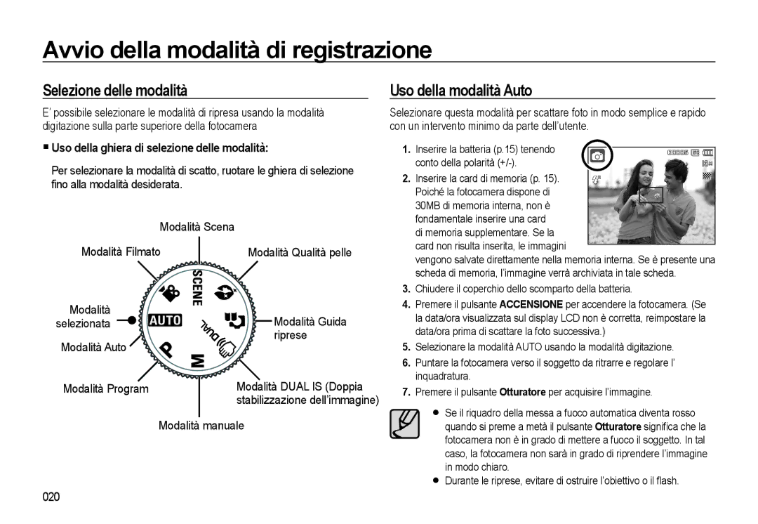 Samsung EC-L310WBBB/IT manual Avvio della modalità di registrazione, Selezione delle modalità, Uso della modalità Auto 