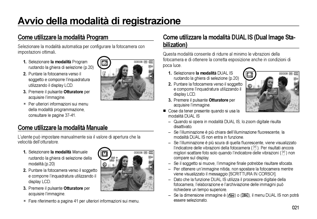 Samsung EC-L310WPBA/IT manual Come utilizzare la modalità Program, Come utilizzare la modalità Manuale, Poca luce, 021 