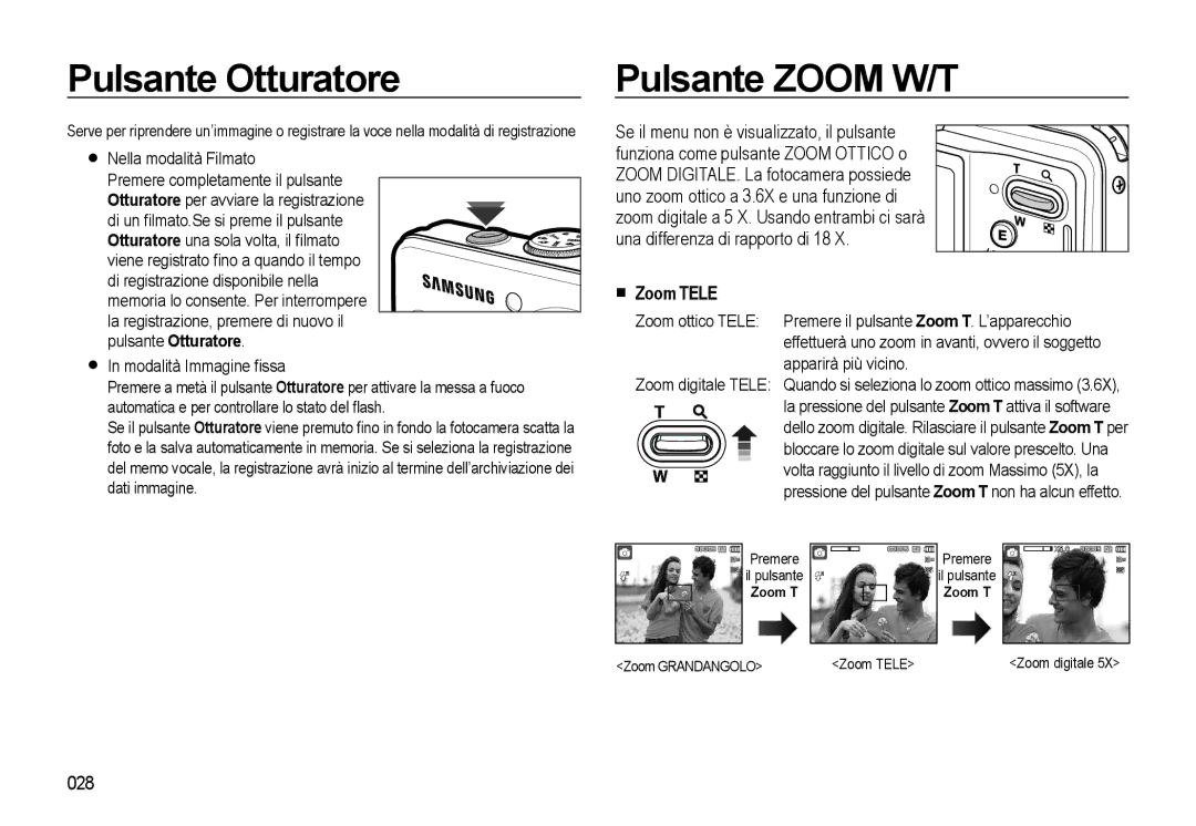 Samsung EC-L310WNBC/IT, EC-L310WBBA/IT, EC-L310WSBA/IT manual Pulsante Otturatore, Pulsante Zoom W/T, Zoom Tele, 028 