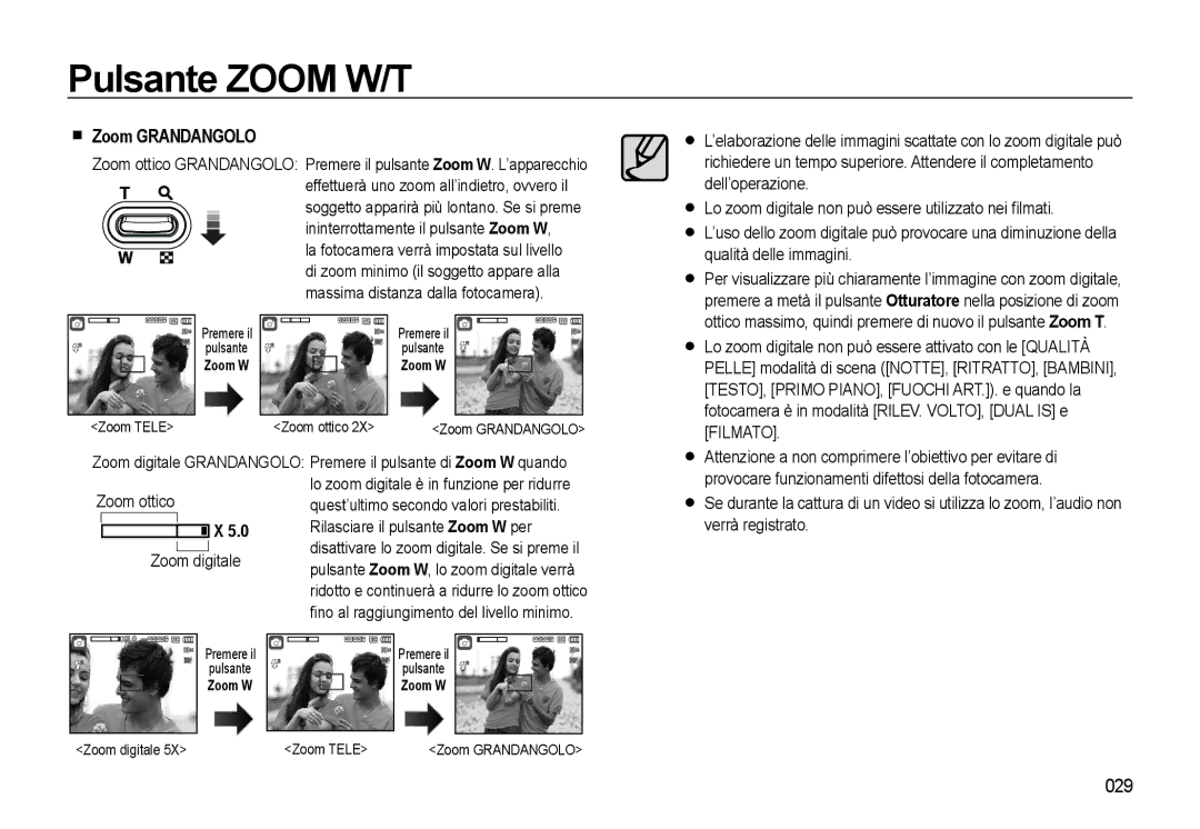 Samsung EC-L310WSBB/IT, EC-L310WBBA/IT, EC-L310WSBA/IT, EC-L310WNBA/IT manual Zoom Grandangolo, 029, Zoom ottico Zoom digitale 