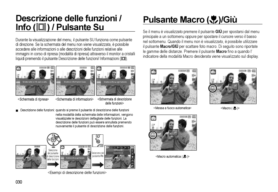 Samsung EC-L310WSBC/IT, EC-L310WBBA/IT manual Pulsante Macro /Giù, 030, Delle funzioni, Esempi di descrizione delle funzioni 