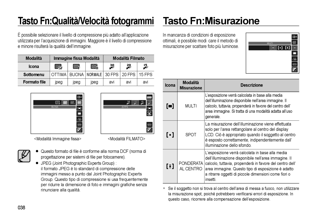 Samsung EC-L310WPBC/IT, EC-L310WBBA/IT, EC-L310WSBA/IT Tasto FnQualità/Velocità fotogrammi Tasto FnMisurazione, 038, Ottima 