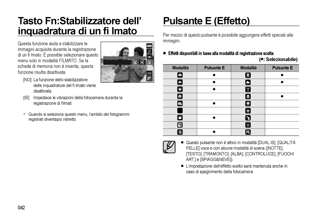 Samsung EC-L310WSBC/IT, EC-L310WBBA/IT, EC-L310WSBA/IT, EC-L310WNBA/IT manual Pulsante E Effetto, 042, Modalità Pulsante E 