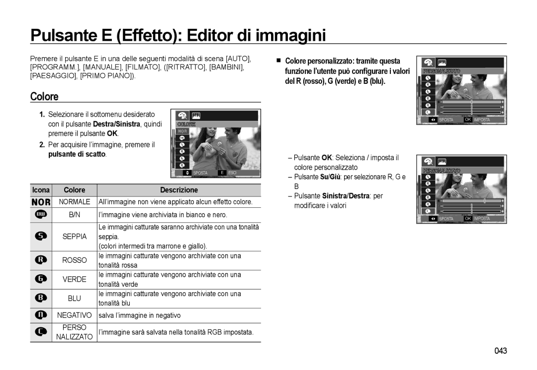 Samsung EC-L310WBBC/IT, EC-L310WBBA/IT manual Pulsante E Effetto Editor di immagini, Colore, 043, Pulsante di scatto 