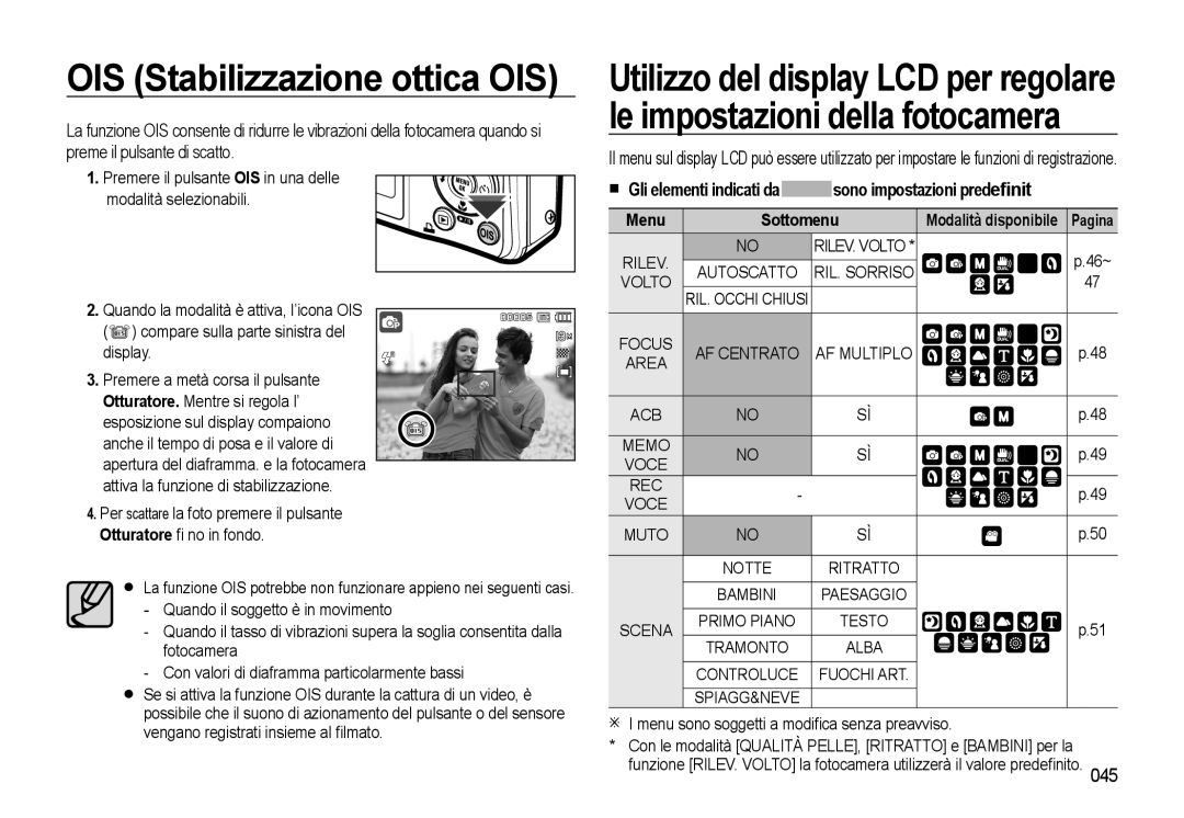 Samsung EC-L310WPBA/IT OIS Stabilizzazione ottica OIS, Gli elementi indicati da sono impostazioni predeﬁnit, Sottomenu 