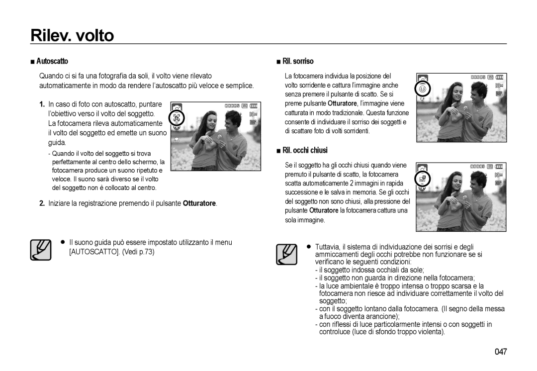 Samsung EC-L310WBBA/IT, EC-L310WSBA/IT, EC-L310WNBA/IT manual Autoscatto, Ril. sorriso, Ril. occhi chiusi, 047, Guida 
