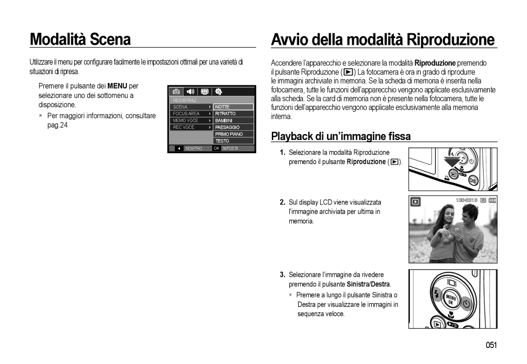 Samsung EC-L310WNBB/IT Modalità Scena, Avvio della modalità Riproduzione, 051, ’immagine archiviata per ultima Memoria 