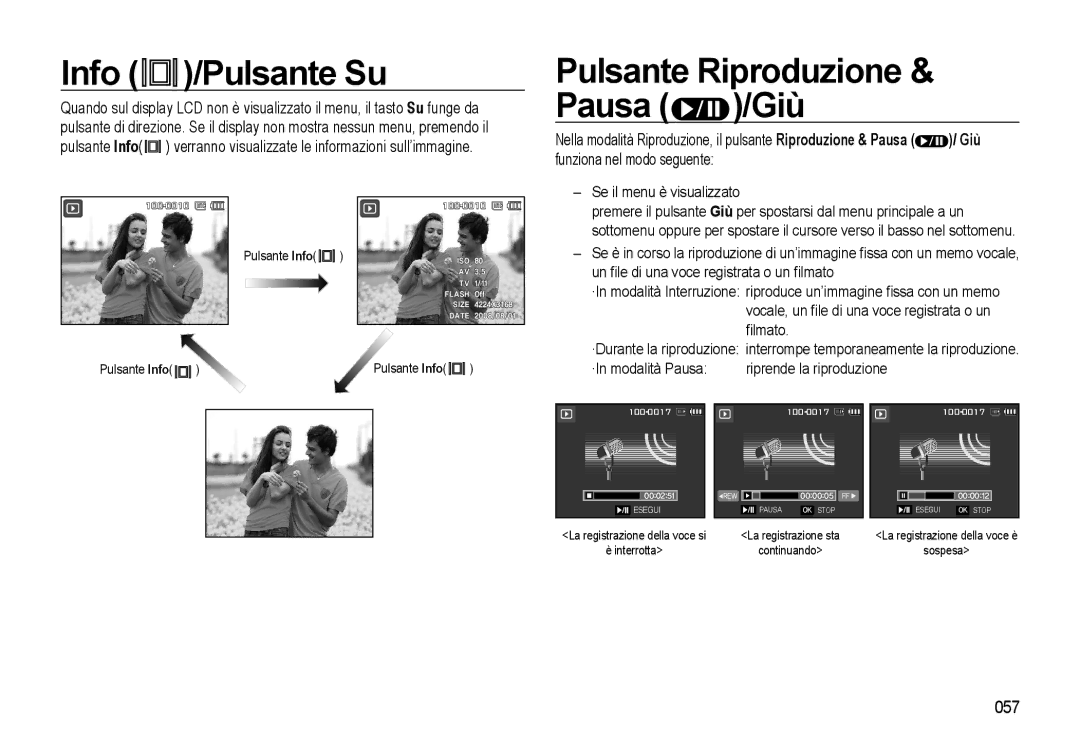 Samsung EC-L310WPBA/IT manual Info /Pulsante Su, Pulsante Riproduzione & Pausa /Giù, 057, Se il menu è visualizzato 