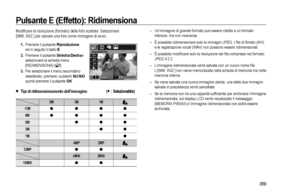 Samsung EC-L310WBBA/IT, EC-L310WSBA/IT, EC-L310WNBA/IT, EC-L310WPBC/IT manual Pulsante E Effetto Ridimensiona, 059, 13M 