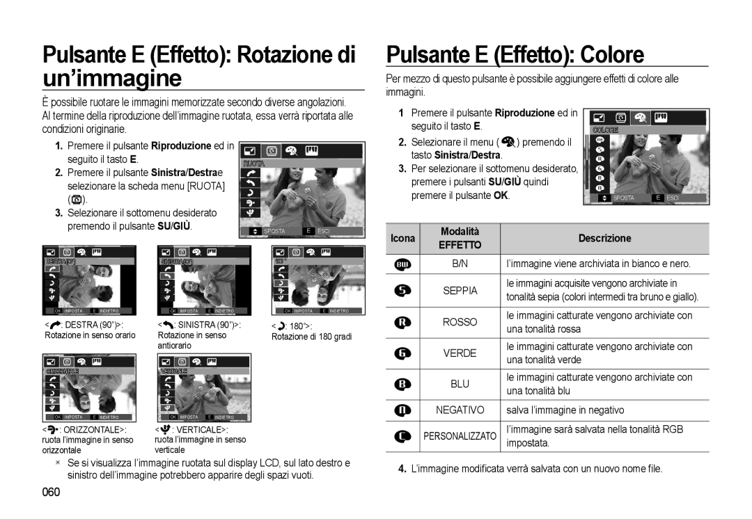 Samsung EC-L310WSBA/IT Pulsante E Effetto Rotazione di Un’immagine, Pulsante E Effetto Colore, Condizioni originarie, 060 