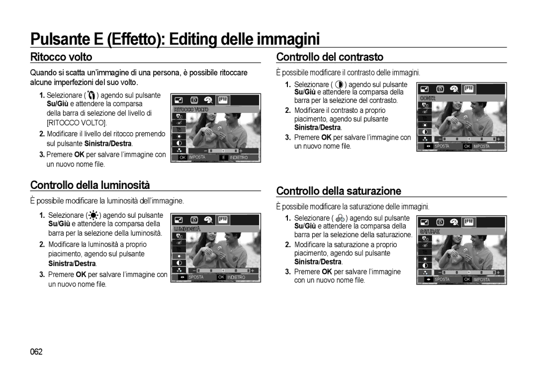 Samsung EC-L310WPBC/IT, EC-L310WBBA/IT Pulsante E Effetto Editing delle immagini, Ritocco volto, Controllo del contrasto 