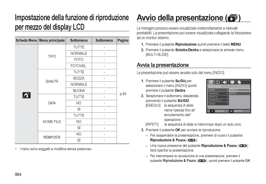 Samsung EC-L310WNBC/IT, EC-L310WBBA/IT, EC-L310WSBA/IT manual Avvio della presentazione, Avvia la presentazione, 064, Data 