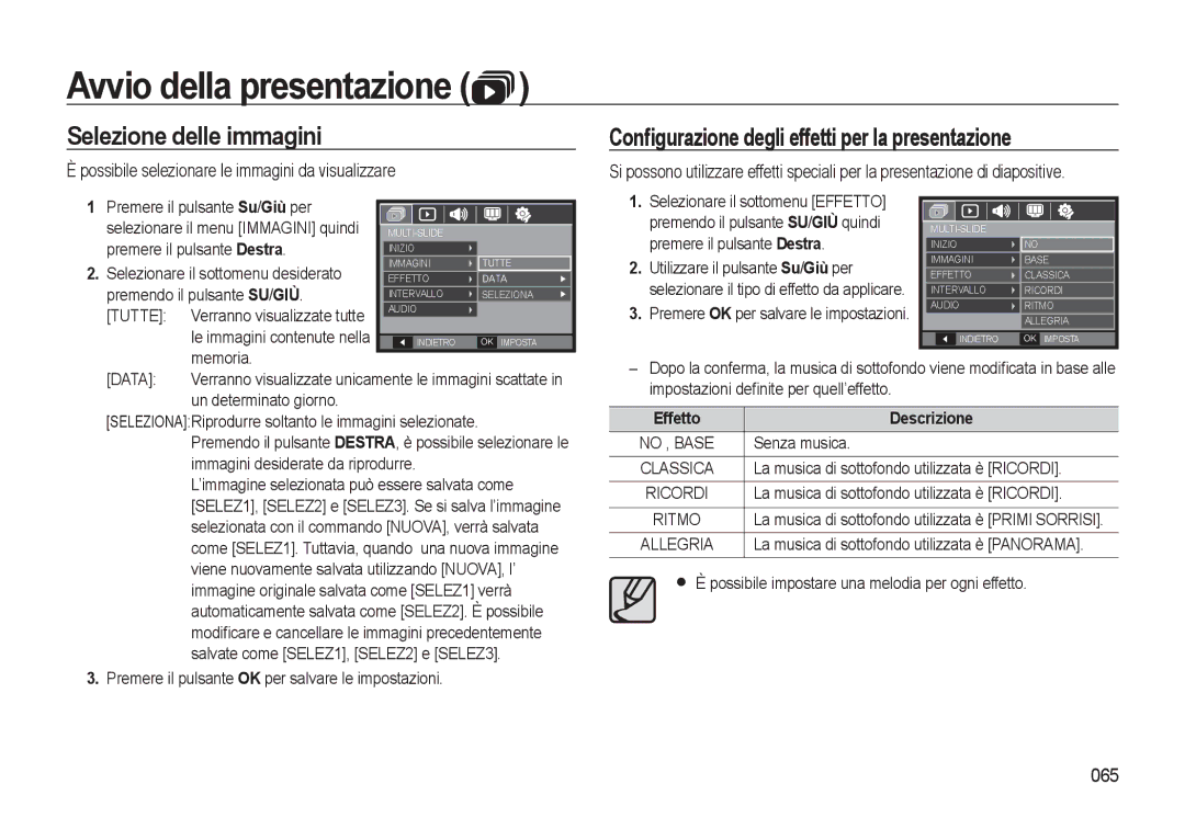 Samsung EC-L310WSBB/IT, EC-L310WBBA/IT Selezione delle immagini, Conﬁgurazione degli effetti per la presentazione, 065 