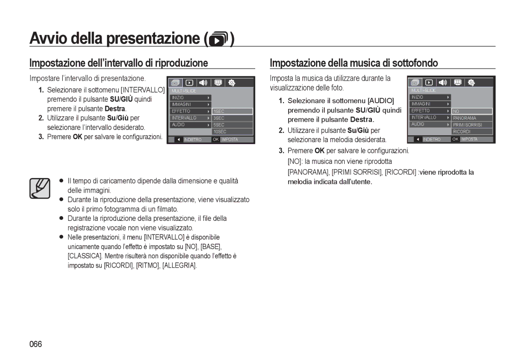 Samsung EC-L310WSBC/IT, EC-L310WBBA/IT, EC-L310WSBA/IT, EC-L310WNBA/IT manual Impostare l’intervallo di presentazione, 066 