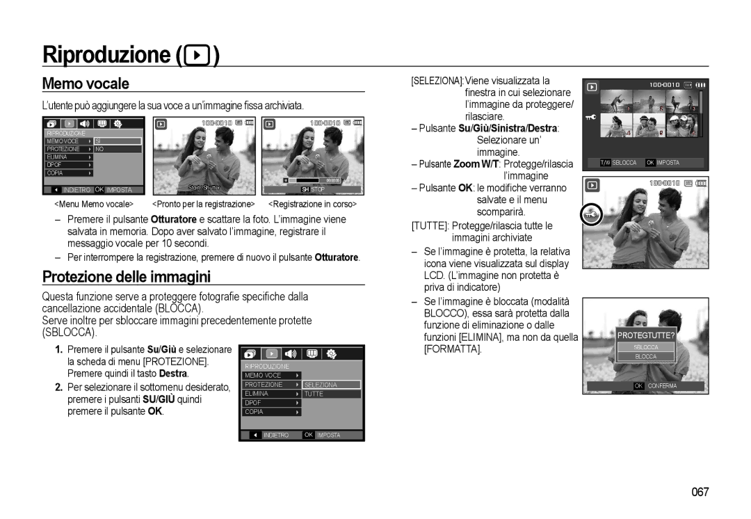 Samsung EC-L310WBBC/IT, EC-L310WBBA/IT, EC-L310WSBA/IT manual Riproduzione, Memo vocale, Protezione delle immagini, 067 