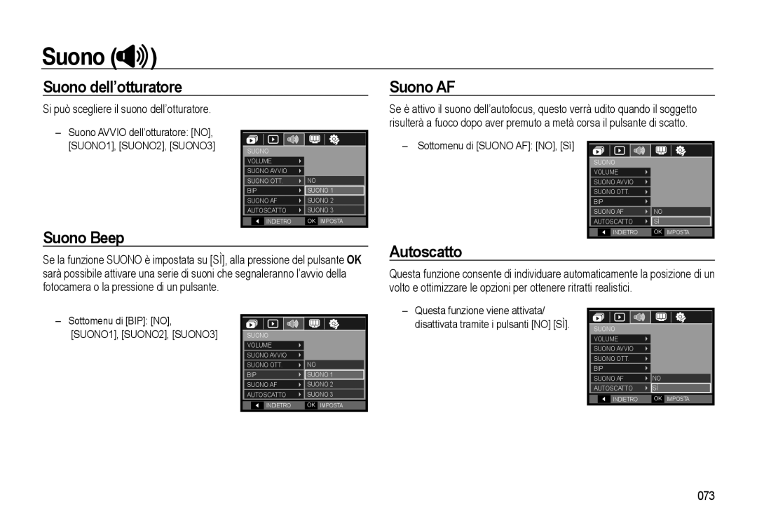 Samsung EC-L310WNBA/IT, EC-L310WBBA/IT, EC-L310WSBA/IT manual Suono dell’otturatore, Suono AF, Suono Beep, Autoscatto 