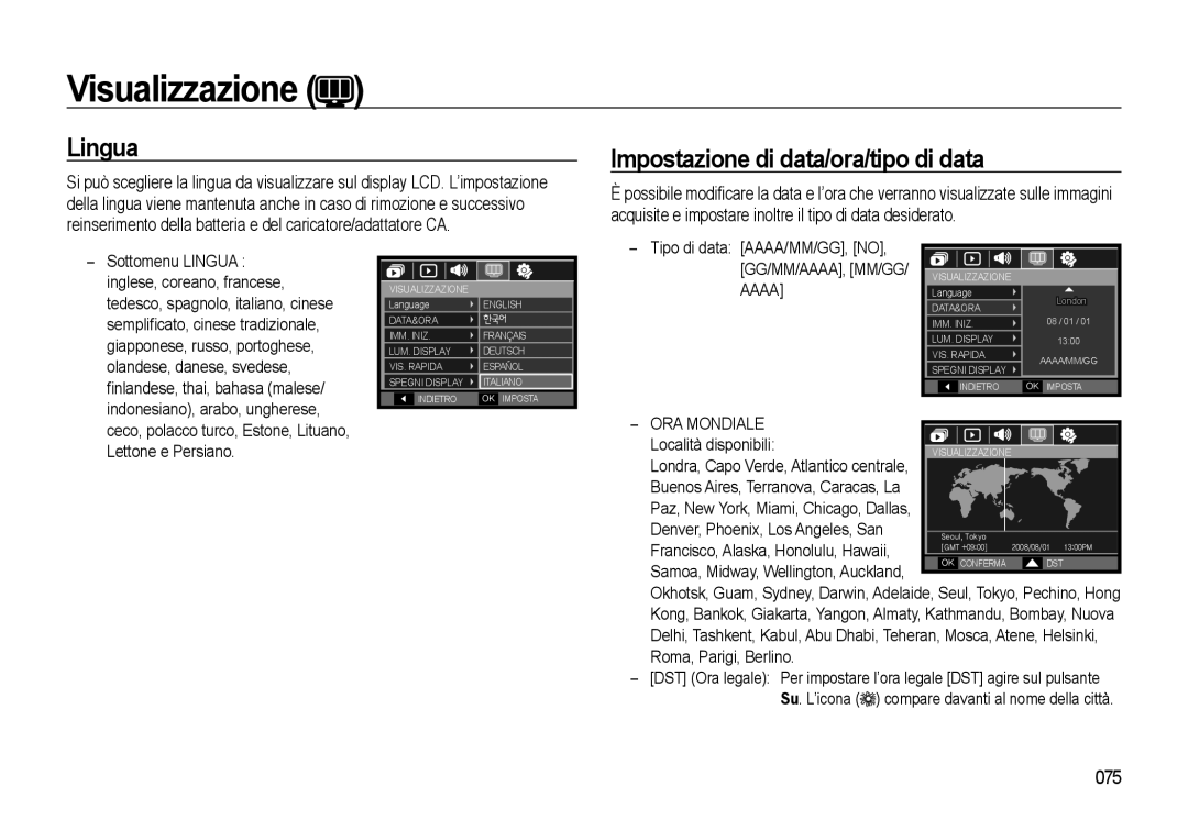 Samsung EC-L310WNBB/IT, EC-L310WBBA/IT, EC-L310WSBA/IT Visualizzazione, Lingua, Impostazione di data/ora/tipo di data, 075 