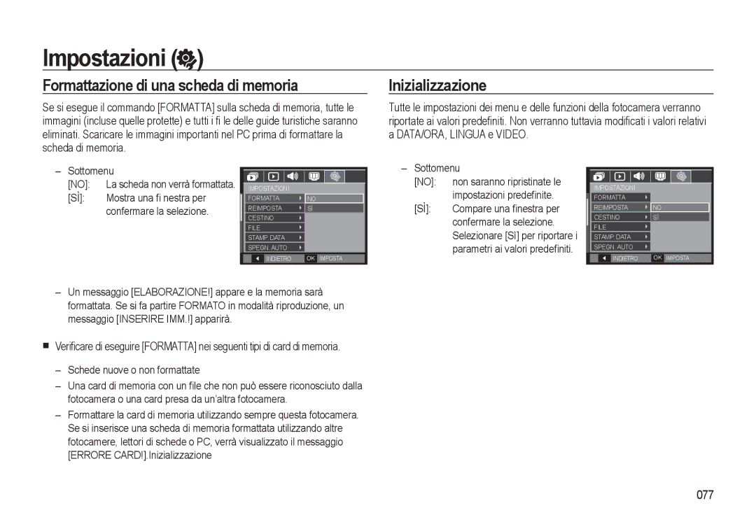 Samsung EC-L310WSBB/IT, EC-L310WBBA/IT manual Impostazioni, Formattazione di una scheda di memoria, Inizializzazione, 077 