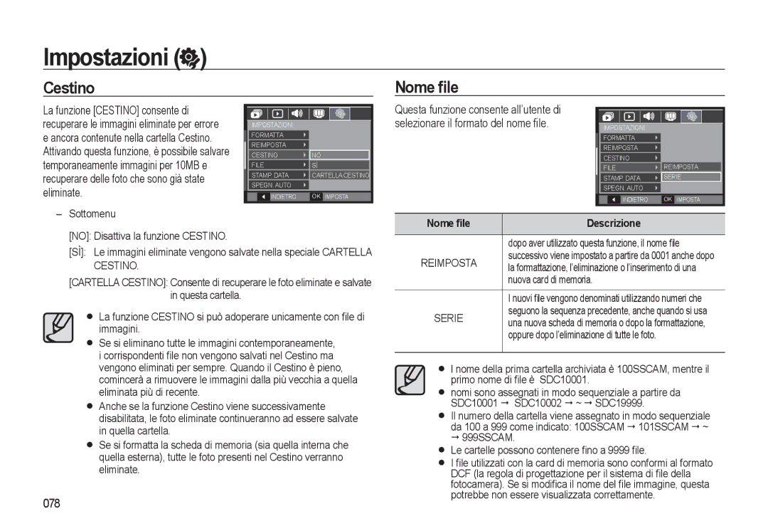 Samsung EC-L310WSBC/IT, EC-L310WBBA/IT, EC-L310WSBA/IT, EC-L310WNBA/IT Cestino Nome ﬁle, 078, Nome ﬁle Descrizione, 999SSCAM 