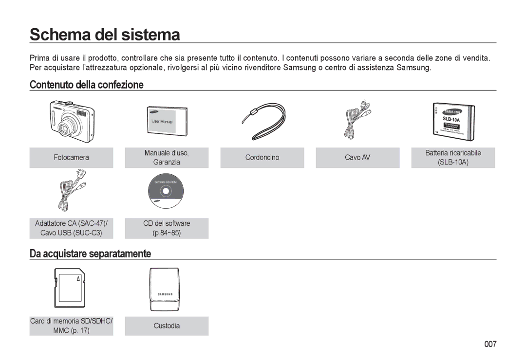 Samsung EC-L310WBBC/IT, EC-L310WBBA/IT Schema del sistema, Contenuto della confezione, Da acquistare separatamente, 007 