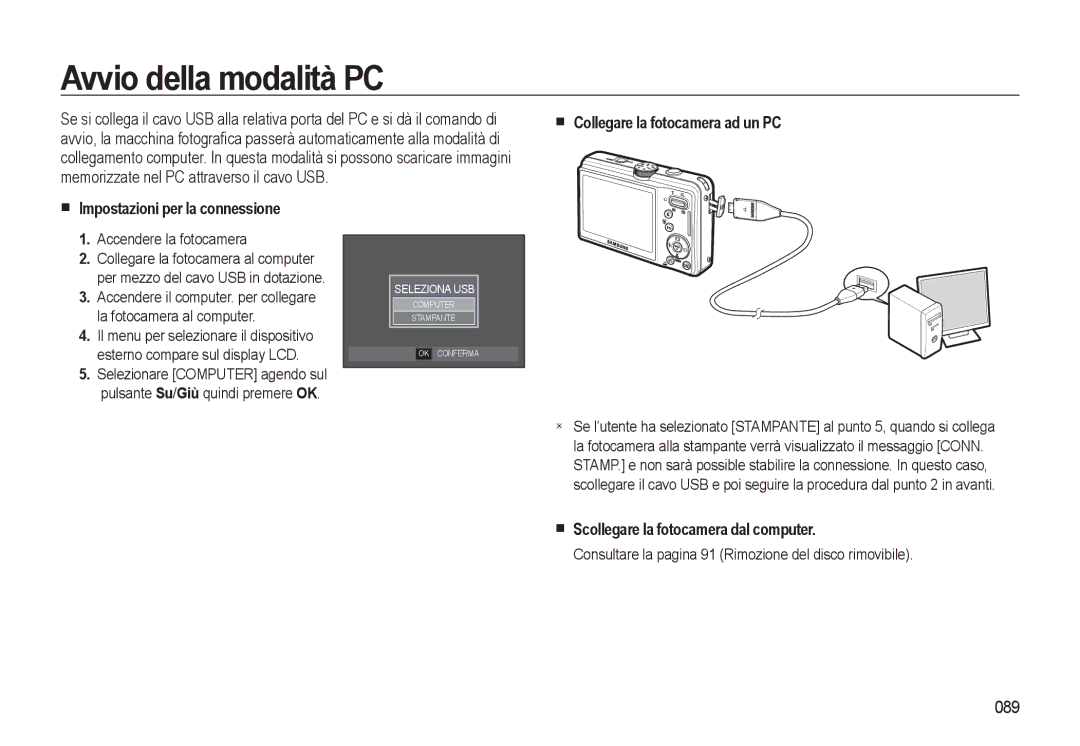 Samsung EC-L310WSBB/IT manual Avvio della modalità PC, Scollegare la fotocamera dal computer, 089, Accendere la fotocamera 