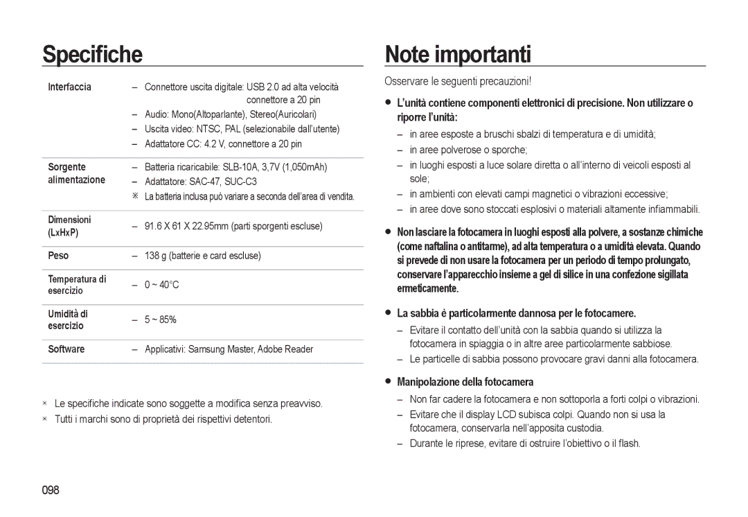 Samsung EC-L310WPBC/IT manual Osservare le seguenti precauzioni, La sabbia è particolarmente dannosa per le fotocamere, 098 