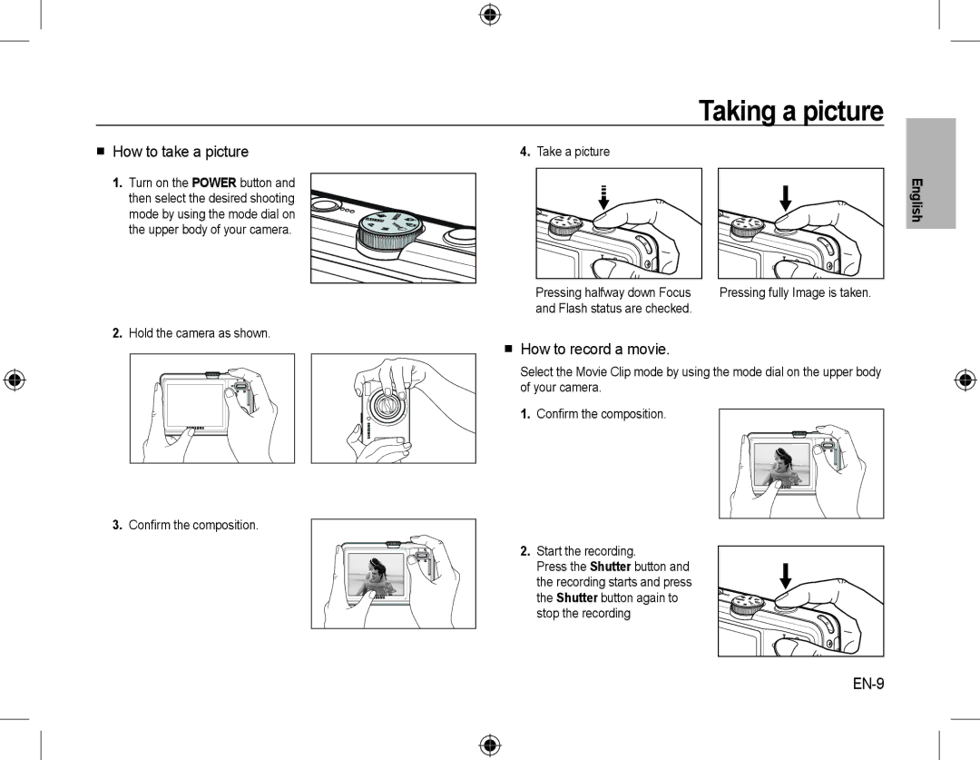 Samsung EC-L310WSBB/IT, EC-L310WNBA/FR manual Taking a picture,  How to take a picture,  How to record a movie, EN-9 