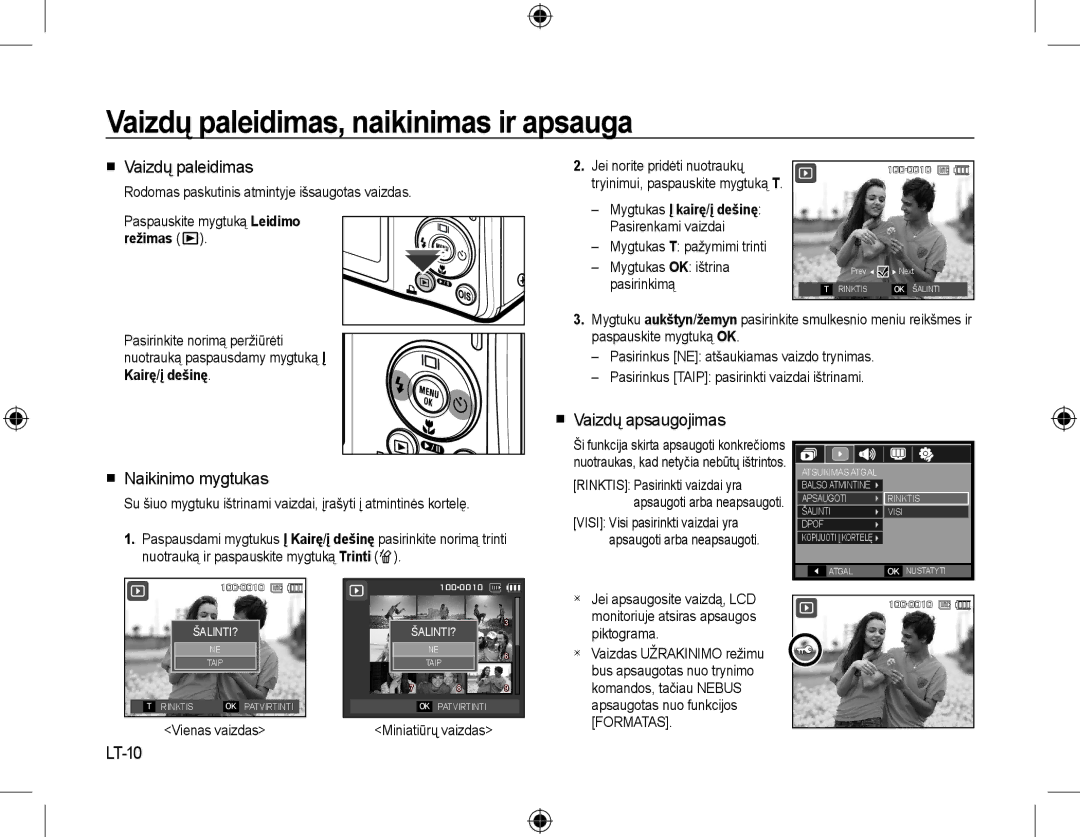 Samsung EC-L310WBBA/IT manual Vaizdų paleidimas, naikinimas ir apsauga,  Vaizdų paleidimas,  Vaizdų apsaugojimas, LT-10 