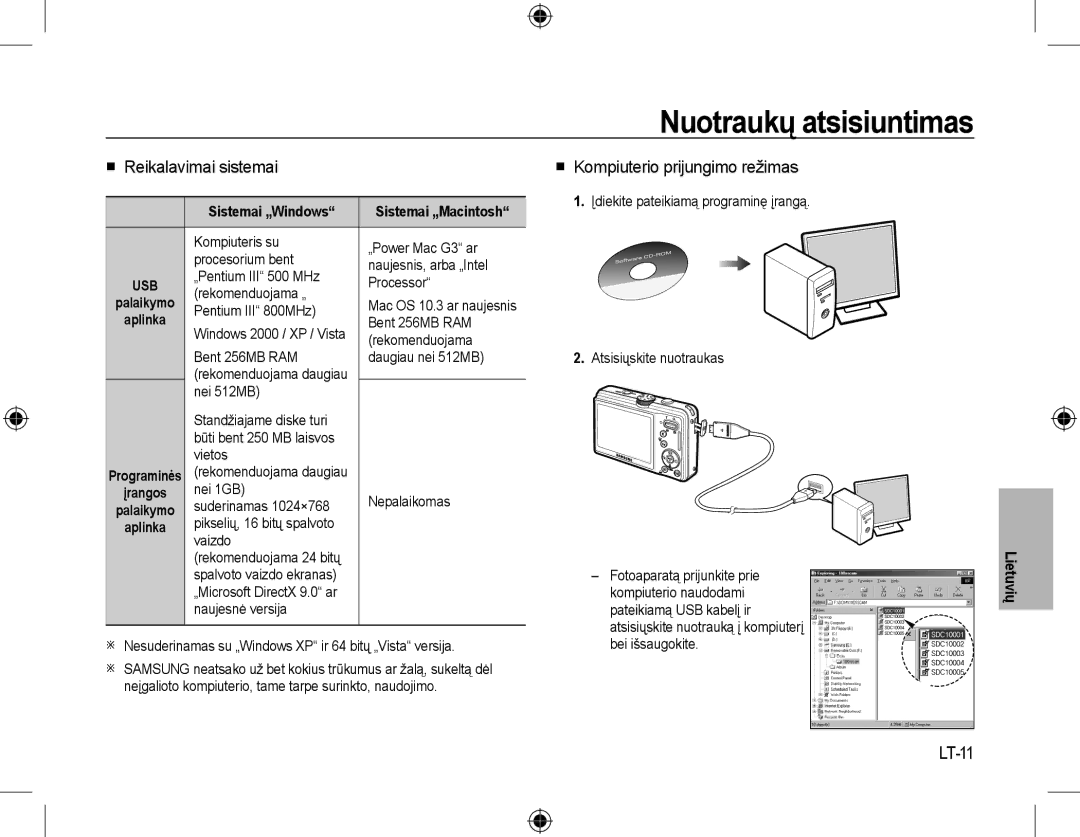 Samsung EC-L310WSBA/IT manual Nuotraukų atsisiuntimas,  Reikalavimai sistemai,  Kompiuterio prijungimo režimas, LT-11 