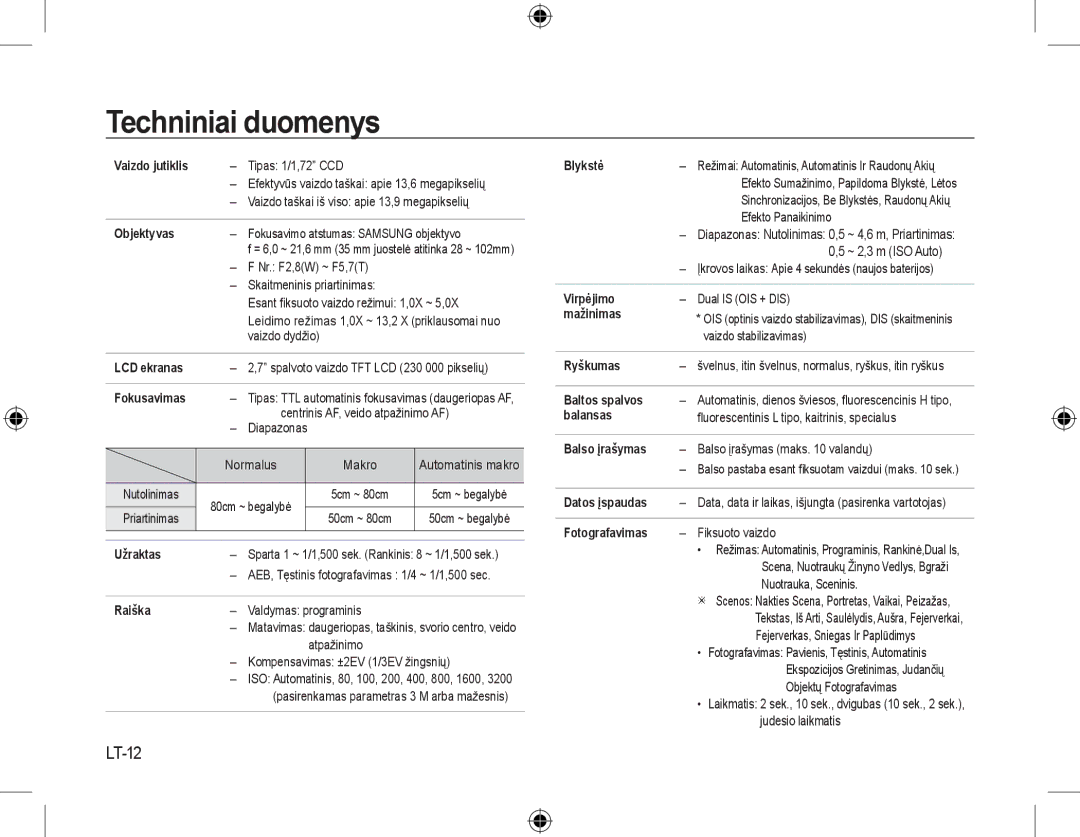 Samsung EC-L310WNBA/IT, EC-L310WNBA/FR, EC-L310WBBA/FR, EC-L310WSBA/FR, EC-L310WPBA/FR manual Techniniai duomenys, LT-12 