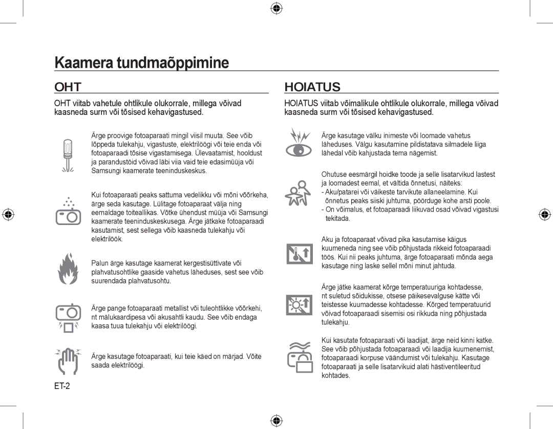 Samsung EC-L310WSBB/IT, EC-L310WNBA/FR, EC-L310WBBA/FR, EC-L310WSBA/FR, EC-L310WPBA/FR, EC-L310WBBA/IT manual Oht, Hoiatus, ET-2 