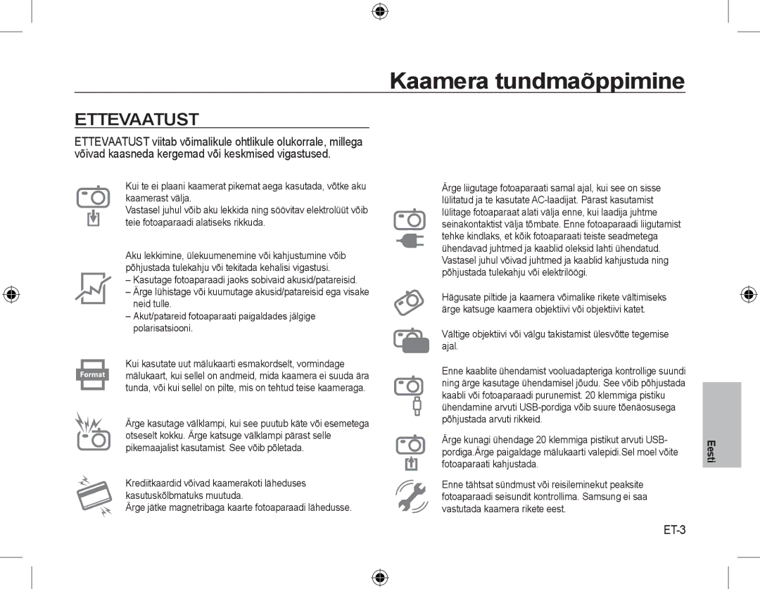 Samsung EC-L310WSBC/IT, EC-L310WNBA/FR manual Ettevaatust, ET-3, Ärge jätke magnetribaga kaarte fotoaparaadi lähedusse 