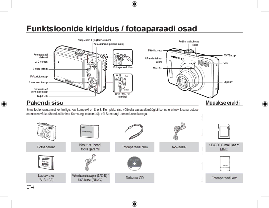 Samsung EC-L310WBBC/IT, EC-L310WNBA/FR, EC-L310WBBA/FR manual Funktsioonide kirjeldus / fotoaparaadi osad, Pakendi sisu, ET-4 