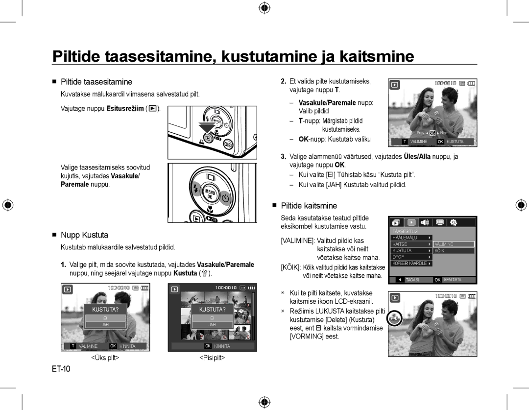 Samsung EC-L310WSBA/VN manual Piltide taasesitamine, kustutamine ja kaitsmine,  Piltide taasesitamine,  Piltide kaitsmine 