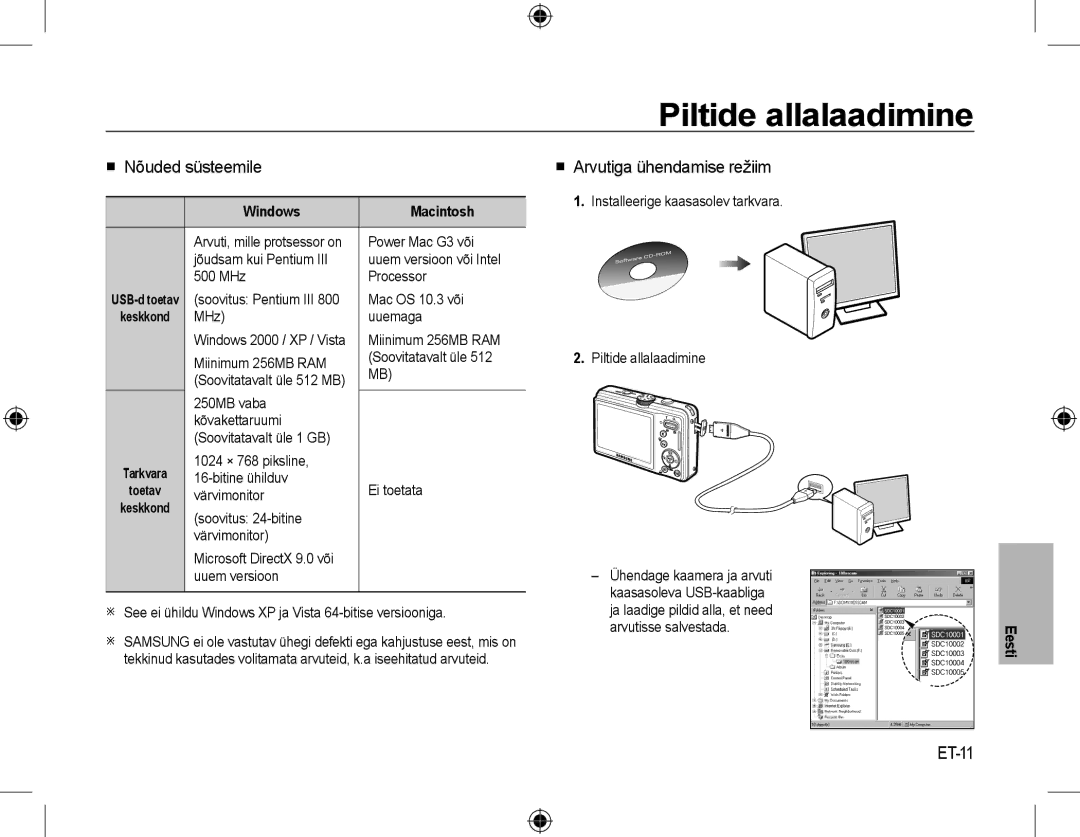 Samsung EC-L310WPBA/VN, EC-L310WNBA/FR Piltide allalaadimine,  Nõuded süsteemile,  Arvutiga ühendamise režiim, ET-11 