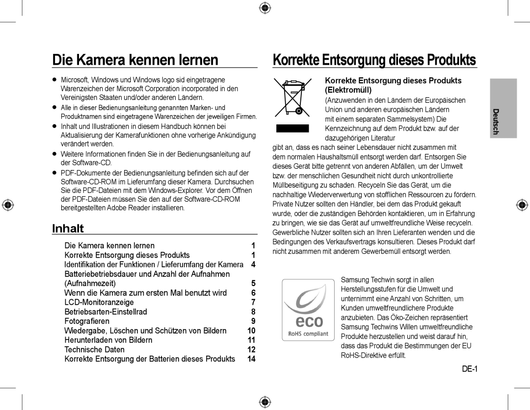 Samsung EC-L310WSBA/E1 manual Die Kamera kennen lernen, Inhalt, Aufnahmezeit, Herunterladen von Bildern Technische Daten 