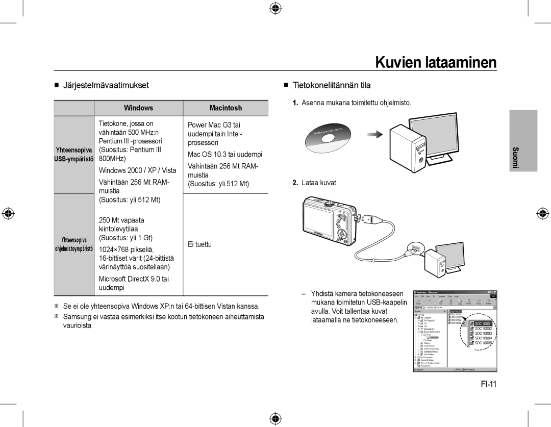 Samsung EC-L310WSBA/IT Kuvien lataaminen,  Järjestelmävaatimukset,  Tietokoneliitännän tila, FI-11, Windows Macintosh 