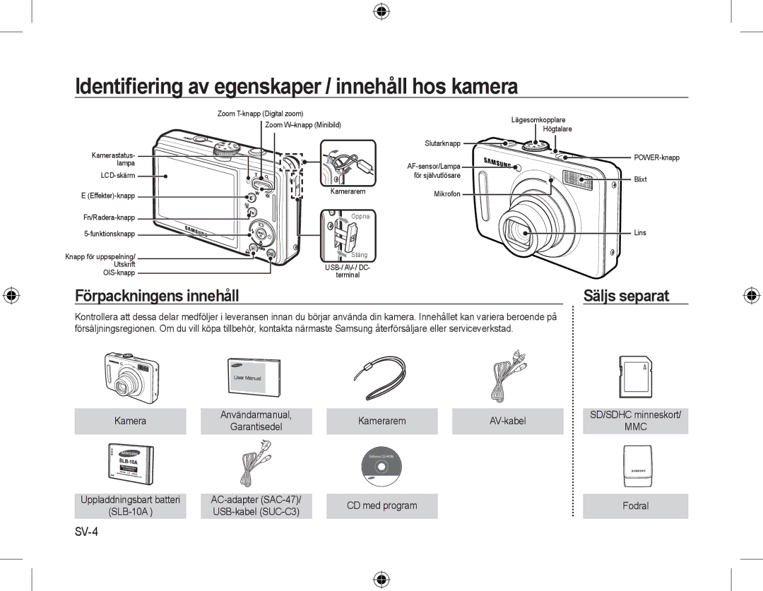 Samsung EC-L310WBBC/IT manual Identiﬁering av egenskaper / innehåll hos kamera, Förpackningens innehåll Säljs separat, SV-4 