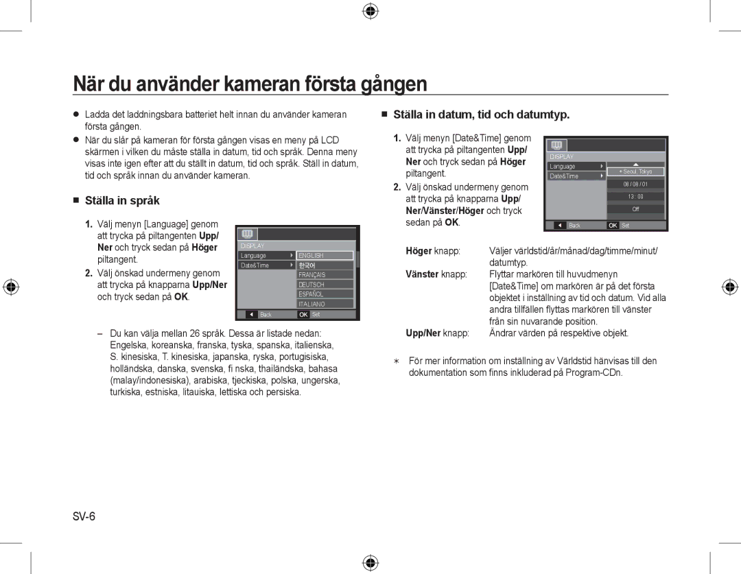 Samsung EC-L310WPBA/IT När du använder kameran första gången,  Ställa in datum, tid och datumtyp,  Ställa in språk, SV-6 