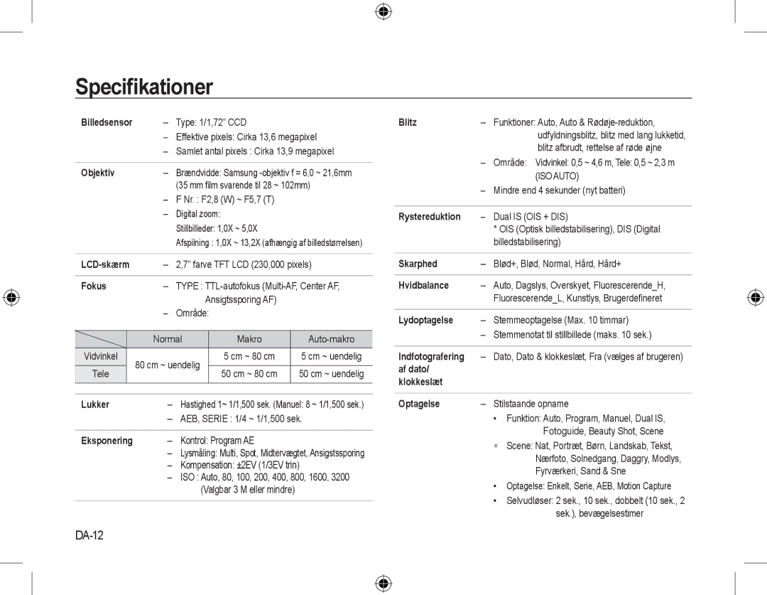 Samsung EC-L310WBBA/E1, EC-L310WNBA/FR, EC-L310WBBA/FR, EC-L310WSBA/FR, EC-L310WPBA/FR, EC-L310WBBA/IT Speciﬁkationer, DA-12 