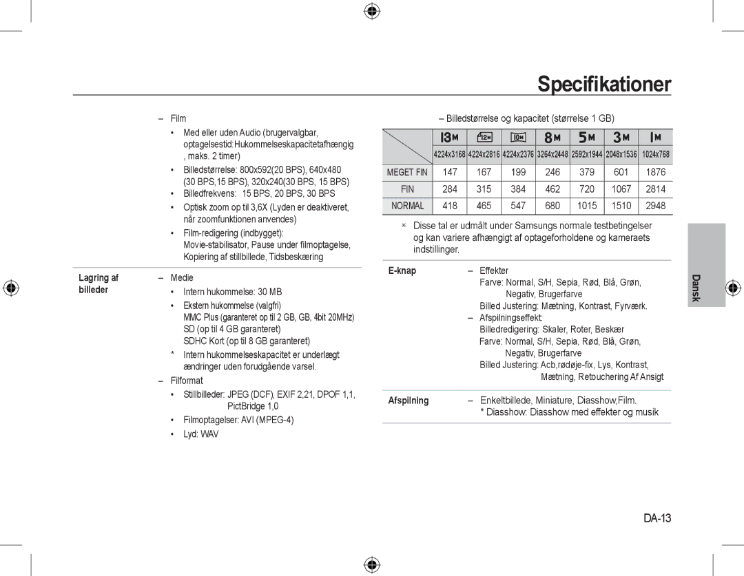 Samsung EC-L310WNBA/FR, EC-L310WBBA/FR, EC-L310WSBA/FR, EC-L310WPBA/FR manual DA-13, Lagring af, Billeder, Knap, Afspilning 