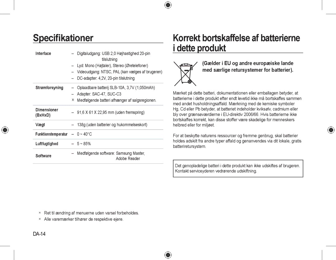 Samsung EC-L310WBBA/FR Korrekt bortskaffelse af batterierne i dette produkt, DA-14, Strømforsyning, Vægt, Luftfugtighed 