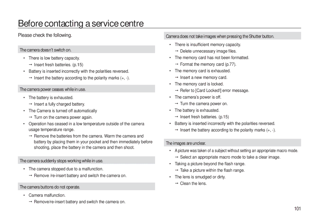 Samsung EC-L310WSDA/AS, EC-L310WNBA/FR, EC-L310WBBA/FR, EC-L310WSBA/FR, EC-L310WPBA/FR Before contacting a service centre 