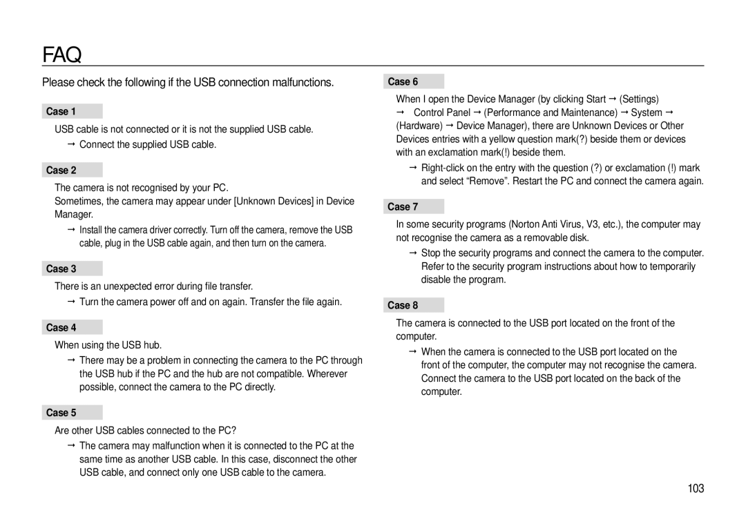 Samsung EC-L310WNBA/VN, EC-L310WNBA/FR manual 103, Case, When using the USB hub, Are other USB cables connected to the PC? 