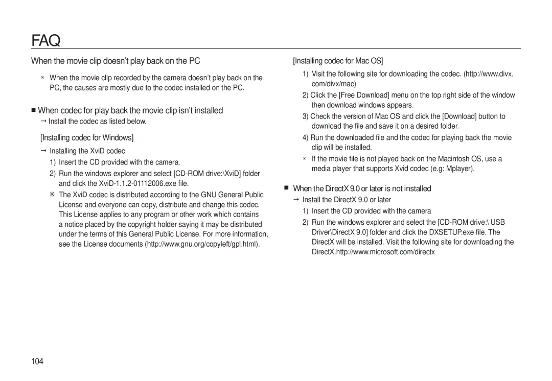 Samsung EC-L310WSBA/VN When the movie clip doesn’t play back on the PC, When the DirectX 9.0 or later is not installed 