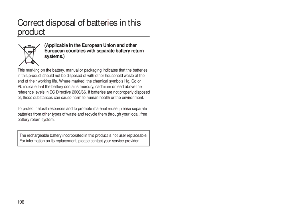 Samsung EC-L310WBBA/VN, EC-L310WNBA/FR, EC-L310WBBA/FR, EC-L310WSBA/FR Correct disposal of batteries in this product, 106 